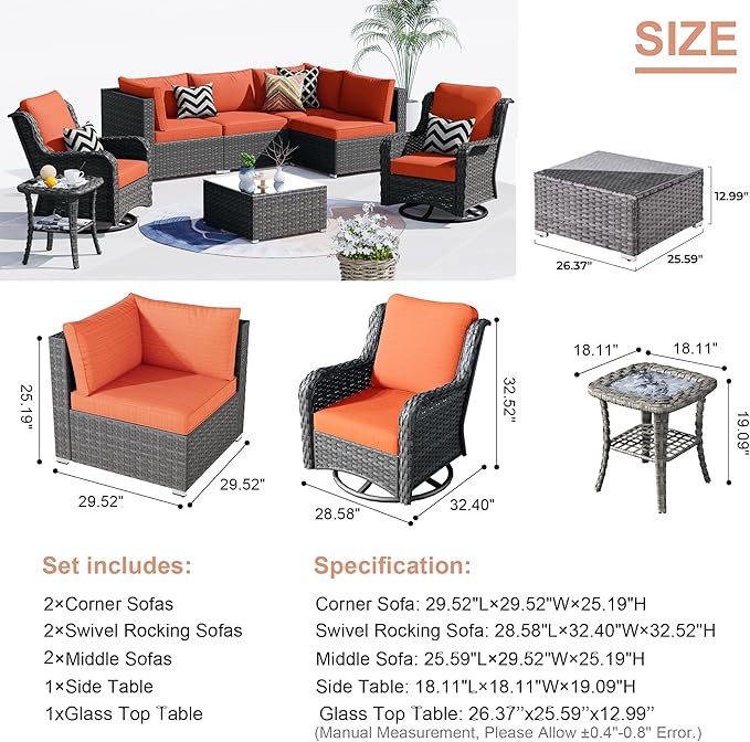 HOOOWOOO Patio Outdoor Sectional Furniture Sofa Set with Swivel Chairs,8 Pieces L Shaped Corner Wicker Rattan Couch Set with Glass Table,Modern 6 Persons Summer Patio Conversation Set(Navy Blue)