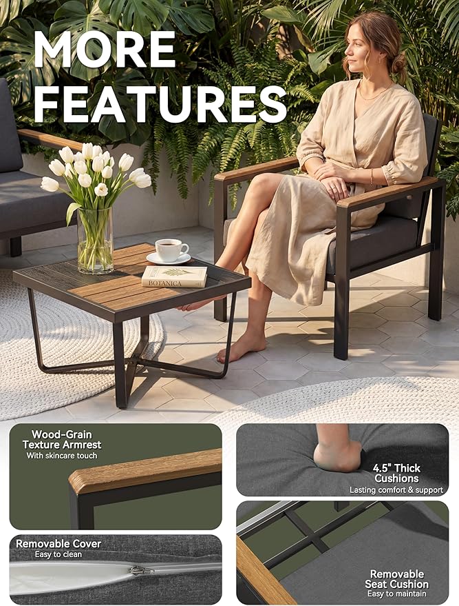 4-Piece Patio Furniture Set with Coffee Table & Removable Washable Cushions, All-Weather Metal Frame and Wood-Like Armrests for Porch, Garden, Balcony,Black