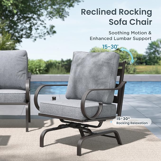 PHI VILLA Patio Furniture Set, 3-Seater Sofa, 4 Rocking Chairs and a Coffee Table, Outdoor Metal Conversation Set with 5.75" Extra Thick Cushion for Garden Backyard Deck, Grey