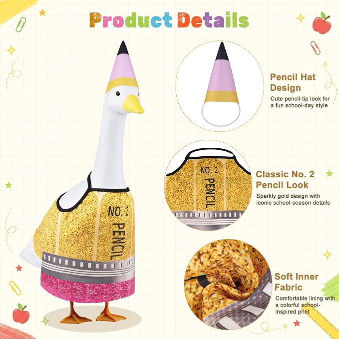 Cute Pencil Goose Outfits, 23” Back to School Porch Goose Outfit with Matching Hat, First Day of School Goose Costume for Classroom School Decor, Outdoor Lawn, Yard, Patio