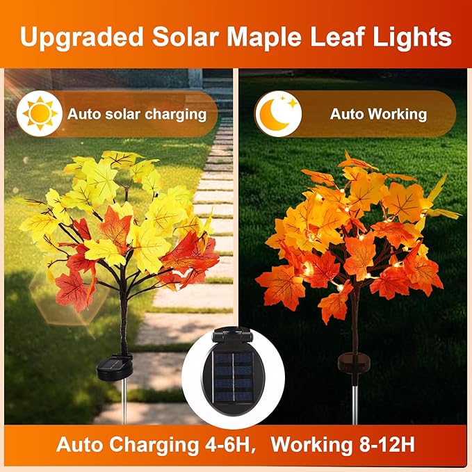 Fall Solar Lights Outdoor Decorative, 2Pack 40LED Solar Fall Lights Waterproof for Yard & Garden,Fall Outdoor Decorations for Yard, Maple Leaf Thanksgiving Halloween Christmas Grave Décor (2 Pack)