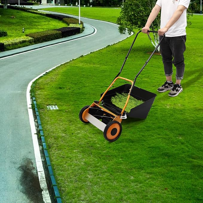 16 Inch Manual Lawn Mower, 4-Blade Reel Lawn Mower with Grass Catcher, Adjustable Cutting Height Lawn Mowers, Push Lawn Sweeper for Lawn Yard Garden Bush