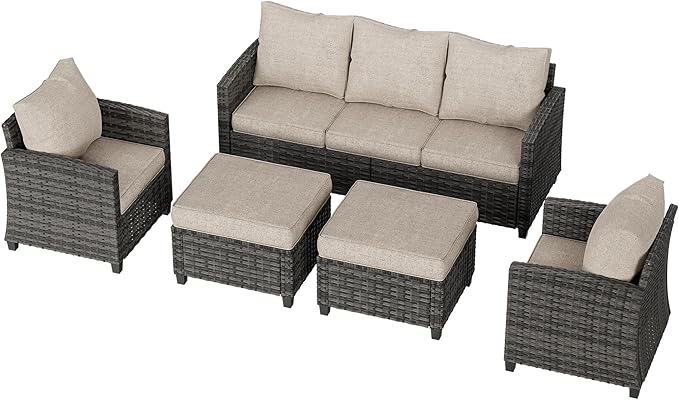 UDPATIO Patio Furniture Set, 5 Pieces Outdoor Sectional Sofa Set, All-Weather Wicker Rattan High Back Outdoor Conversation Set with Ottoman for Poolside, Backyard, Grey Wicker Khaki Cushion