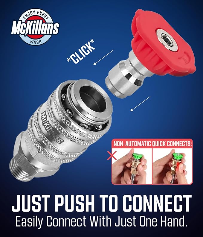 McKillans® 1/4” Nozzle Automatic Quick Connect Fittings - Stainless Steel 1/4” NPT Male Quick Connect Couplers - Coupler for Pressure Washer Gun - Pack of 2
