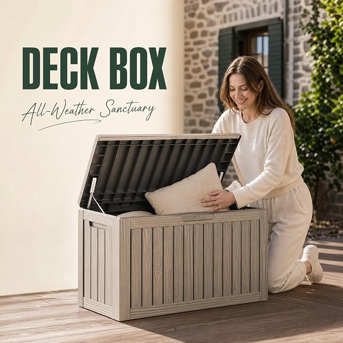 98 Gallon Large Deck Box, Waterproof Resin Outdoor Storage Box Lockable, Patio Storage Bench for Furniture Cushions & Garden Tools, 2-Person Seat, UV-Resistant, Gray Brown