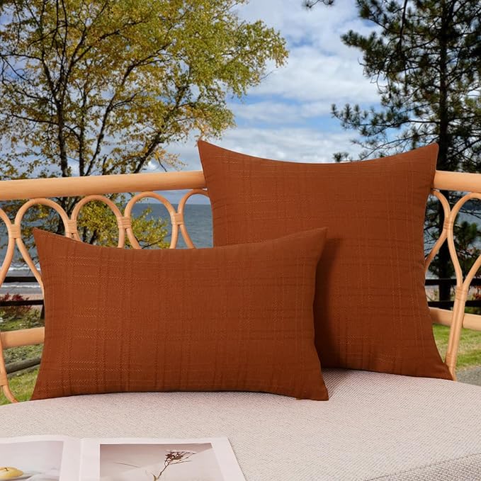 Kevin Textile Outdoor Waterproof 22”x22” Pillow Covers 2 Pack, Burnt Orange | Water Resistant, Soft Faux Linen-cotton Yarn-dyed Woven Texture Throw Pillow Covers for Tent Patio Garden Couch Sofa