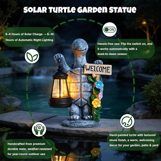 Solar Garden Statues, Resin Turtle Flower Statue w/ Welcome Sign, Waterproof Garden Figurine for Outside Yard Outdoor Home Patio Lawn Decor, Solar Animal Light for Adults Women Birthday Easter Gifts