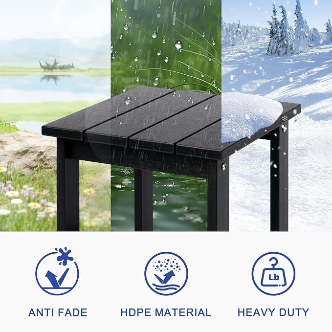 LZRS Patio End Table, Heavy Duty HDPE Outdoor Coffee Table with Wood Texture, Weatherproof Composite Table for Adirondack Chairs, Deck, Pool, Indoor/Outdoor, No Peeling or Cracking(Black)