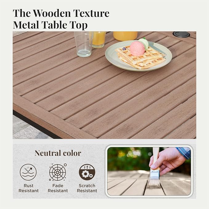 MIXPATIO 7 Pieces Patio Table and Chairs Set, Patio Dining Set for 6, 6 Textilene Chairs and 1 Wood-Like Rectangle Steel Table with Umbrella Hole, for Deck Backyard Lawn Poolside, Red