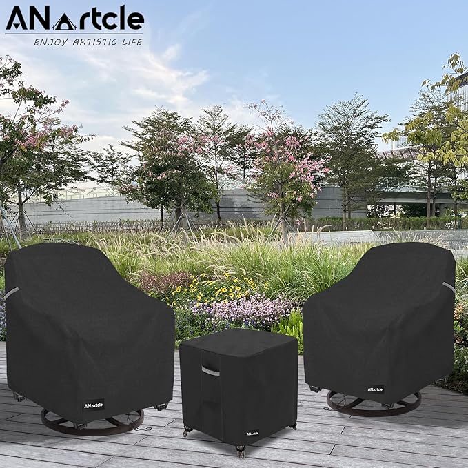 ANartcle 3 Pieces Patio Bistro Sets Cover,600D Waterproof Heavy Duty Patio Furniture Covers,Includes 2 Outdoor Swivel Chair Covers and 1 Patio Wicker Side Table Cover(Black)