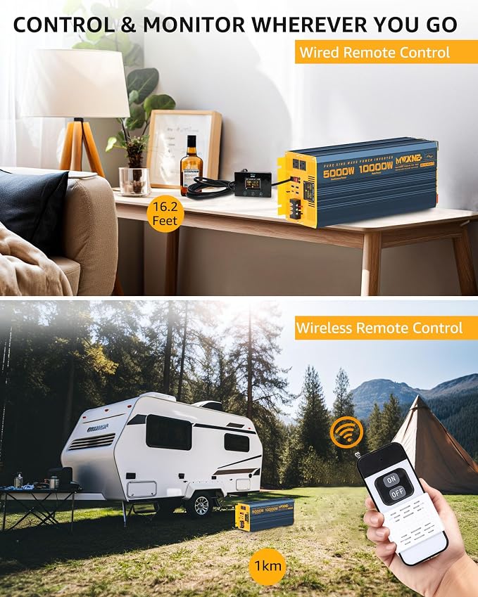 5000 Watt Power Inverter Pure Sine Wave 24V DC to 110V 120V 10000W Peak Heavy Duty Inverter with Remote Control and LED Display, 4 USB/Type-C Ports & 2 AC Outlets Car Charger for Vehicles RV