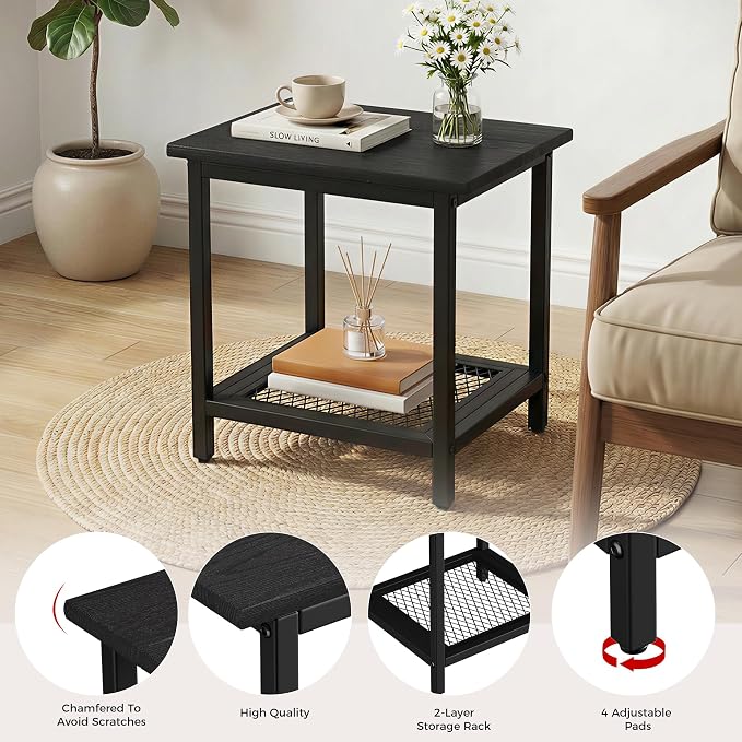 2-Tier Outdoor Side Table with Storage, Weather Resistant Patio End Table, HDPS Small Accent Table for Deck, Garden, Pool, Backyard, Black 2pcs