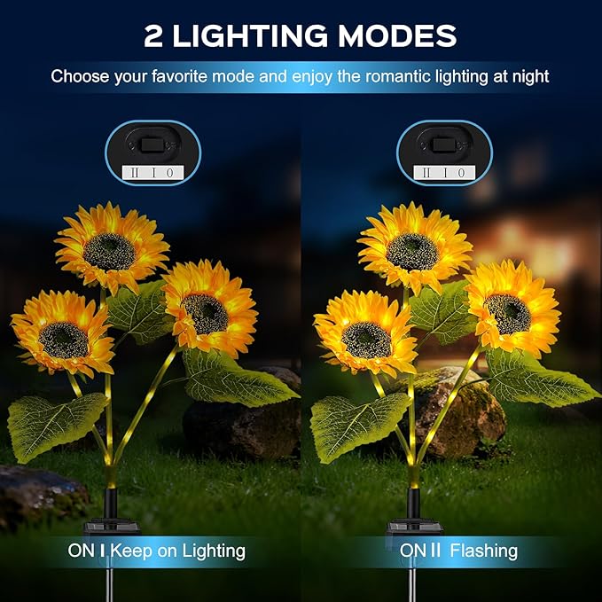 TANSOREN 3 Pack Solar Garden Lights Outdoor, 2 Lighting Modes Warm White LED Waterproof Solar Powered Sun Flowers Landscape Light for Outside Yard, Patio, Pathway Decorative, Décor, Gifts