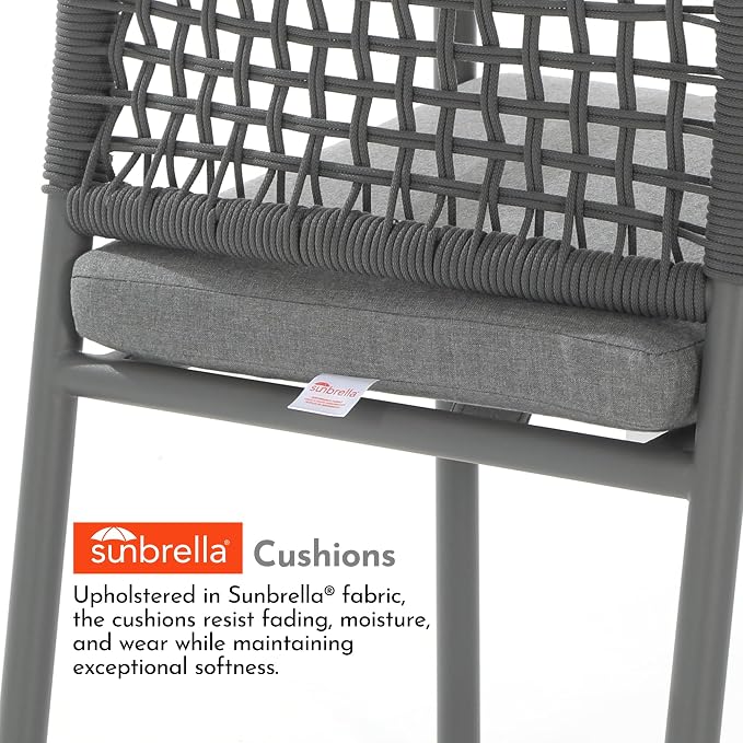Modern Shade Riviera Outdoor Dining Chairs Set of 2, Fade Resistant, All-Aluminum Woven Rope Outdoor Chairs with FSC Teak Wood Armrests, Weather-Resistant Patio Chair with Quick Dry Cushion, Gray