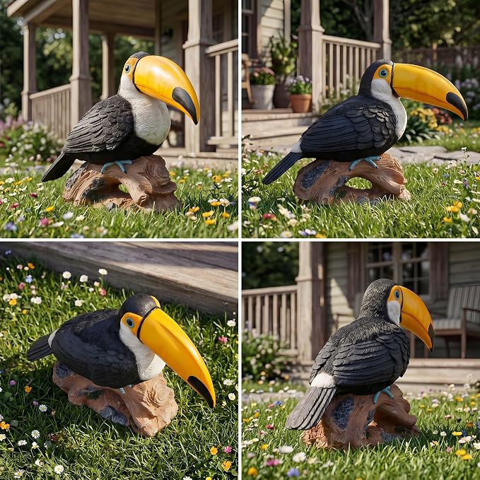 14.2" Real Toucan Statue,Colorful Outdoor Bird Decor Sculpture - Bird Outdoor Animal Ornament, Tropical Tiki Bar Decor, Waterproof & Weather-Resistant, Perfect for Garden, Patio, Yard (Red)