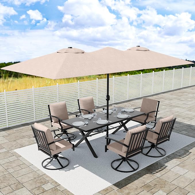 8 PCS Outdoor Patio Dining Set with 13.6ft Double-Sided Patio Umbrella,Patio Table and Chairs Metal Outdoor Patio Furniture Set,Dining Table Set with 6 Swivel Chairs,Brown