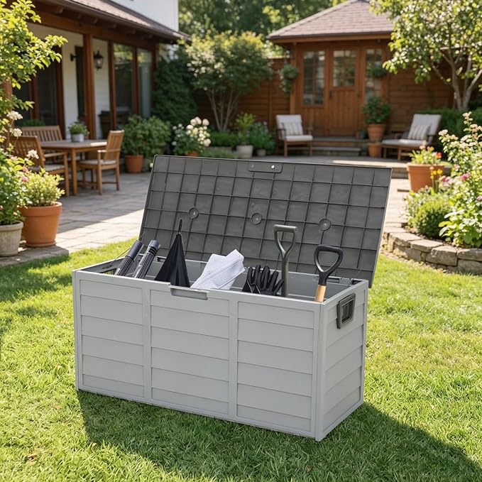 75 Gallon Waterproof Outdoor Deck Box with Wheels, Lockable Resin Patio Storage Container for Cushions, Garden Tools, Pool Accessories and Outdoor Supplies, Grey