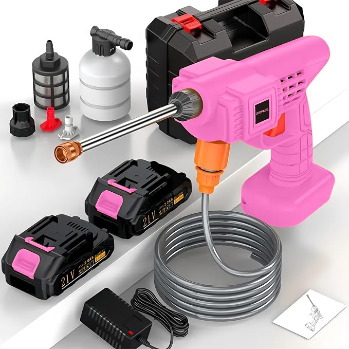 Cordless Pressure Washer, 21V, 2 Batteries, Charger, Hose, Accessories Included, 15000 r/min, Portable Power Washer (Pink Water Gun - Toolbox - Powerful Battery*2)