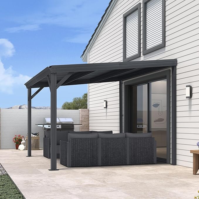 PURPLE LEAF 10' x 10' Wall Mounted Pergola with Metal Roof Backyard Entertainment Shelter for Outdoor Dining Lounge Seating Family Gatherings and Vehicle Shade Area
