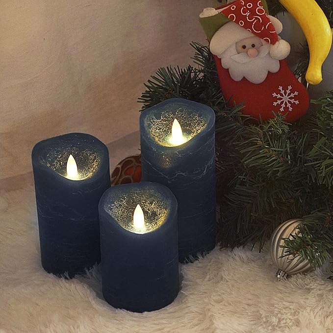 CANDLE CHOICE Real Wax Battery Operated Flameless Candles with Remote Automatic Cycle Timer Realistic Flickering Electric LED Pillars Wedding Party Holiday Decorations 3 Pack Rustic Texture Navy Blue