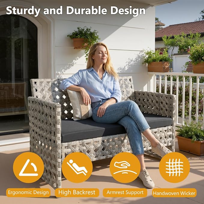 HOOOWOOO 4 Pieces Patio Furniture Set,PE Wicker Outdoor Conversation Sets,Weather Resistant Loveseat with High Back Chairs Table for Porch Balcony Yard Deck,Black