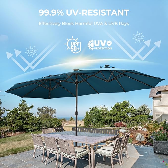 HOMSHADE Double Sided Patio Umbrellas - 15ft Solar Lights LED Lighted Outdoor Extra Large Market Table Umbrella with Base Included, Oversized Umbrella for Deck, Pool, Backyard