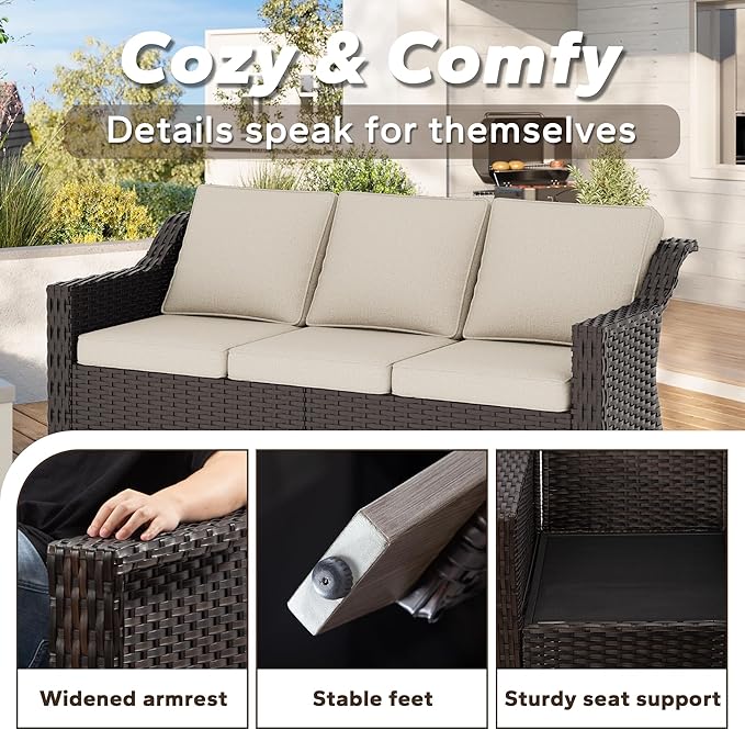 77'' Patio Sofa, All Weather Outdoor Rattan Wicker 3-Seat Sofa High Back Couch with Premium Cushions for Garden Backyard Porch(Brown/Beige)