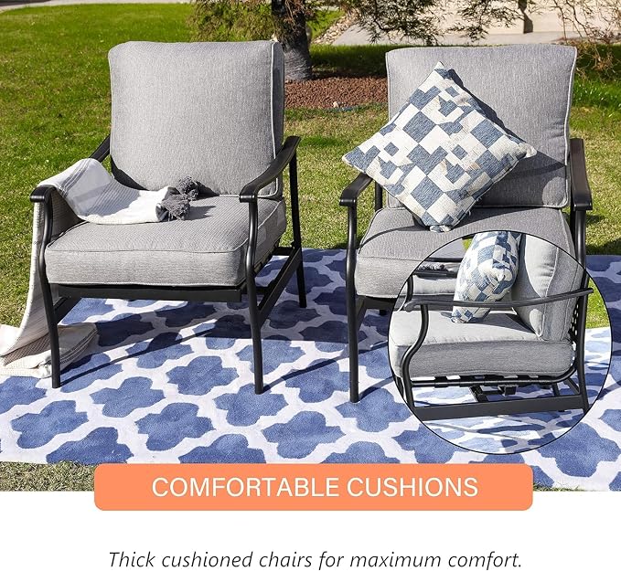 LOKATSE Home C-Spring Patio Chairs Set of 2, Outdoor Metal Motion Conversation Chairs with Gentle Bounce, 5.1" Extra Thick Blue Cushions Deep Seating Furniture for Deck & Porch