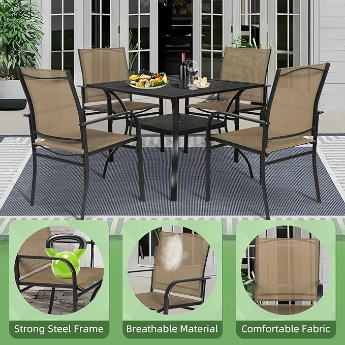 Incbruce 5 Pieces Patio Dining Set, Outdoor Dining Set of 4 Textilene Chairs and Square Table with Umbrella Hole for Backyard, Garden, and Poolside (Brown)