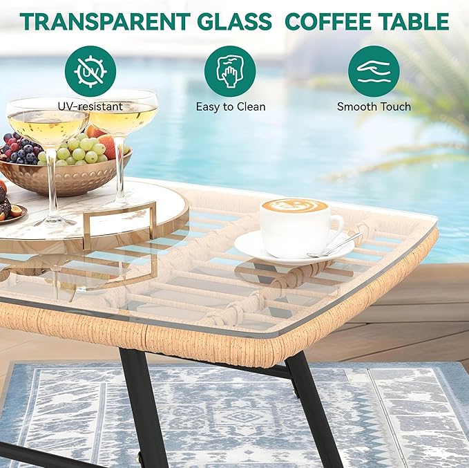 YITAHOME 4-Piece Patio Furniture Wicker Outdoor Bistro Set, All-Weather Rattan Conversation Loveseat Chairs for Backyard, Balcony and Deck with Soft Cushions and Metal Table, Light Brown+Black