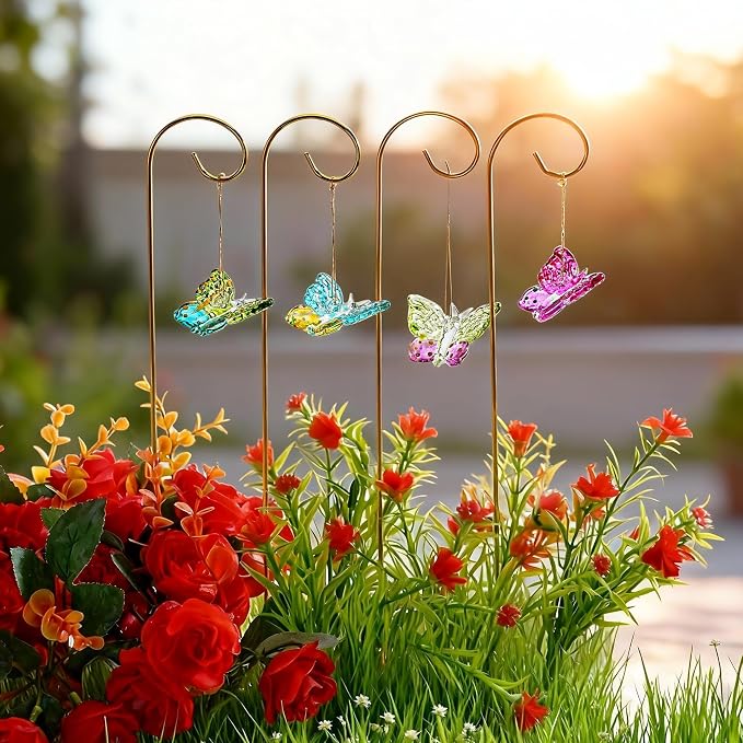 4 Pack Blown Glass Butterfly Decorative Garden Stakes | Colorful Butterflies With 13.5'' Tall Gold Plant Trellis for Indoor Outdoor Lawn Porch Pathway Patio Plant Potted Flower Bed