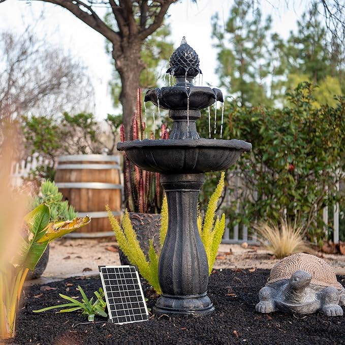 XBrand 44" Solar Powered 2-Tier Outdoor Water Fountain, Fiberglass Resin Fountain with Solar Panel and Auto Shut-Off Pump, Black
