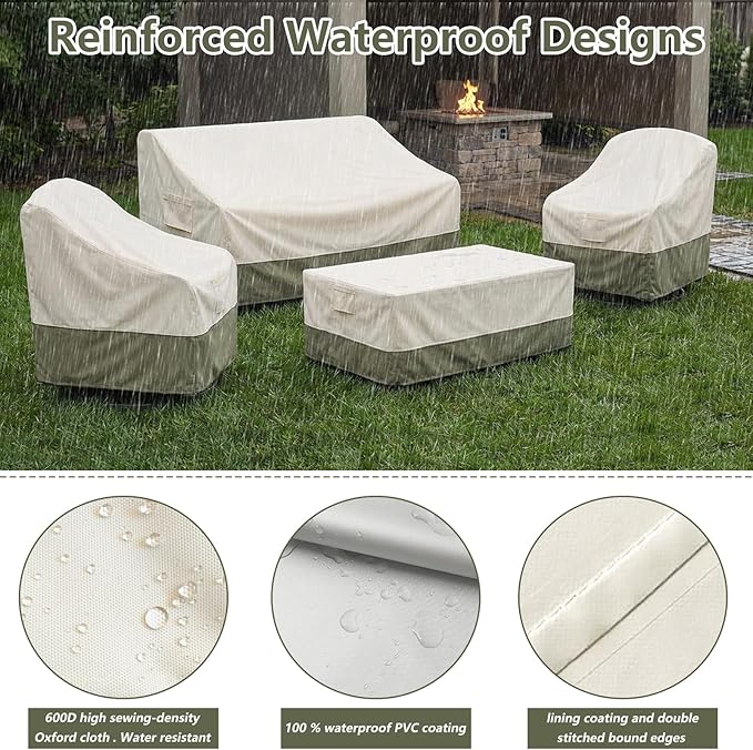 Bitubi Outdoor Waterproof Patio Furniture Covers 4-Piece Set for Swivel Rocker Chairs, Patio 3-Seater Sofa 76in, Coffee Table 48in, Heavy Duty 600D Tough Canvas, Beige
