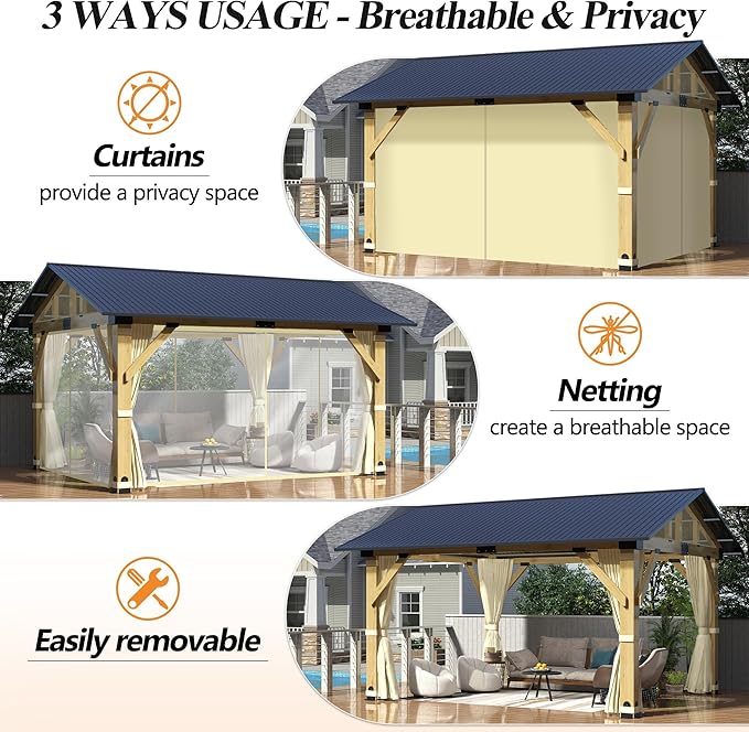 COVERONICS 11’x13’ Outdoor Outdoor Wood Gazebo - Patio Gazebos with Galvanized Steel Roof, Cedar Wooden Gazebo with Privacy Curtains and Netting for Garden, Porch, Patio and Deck