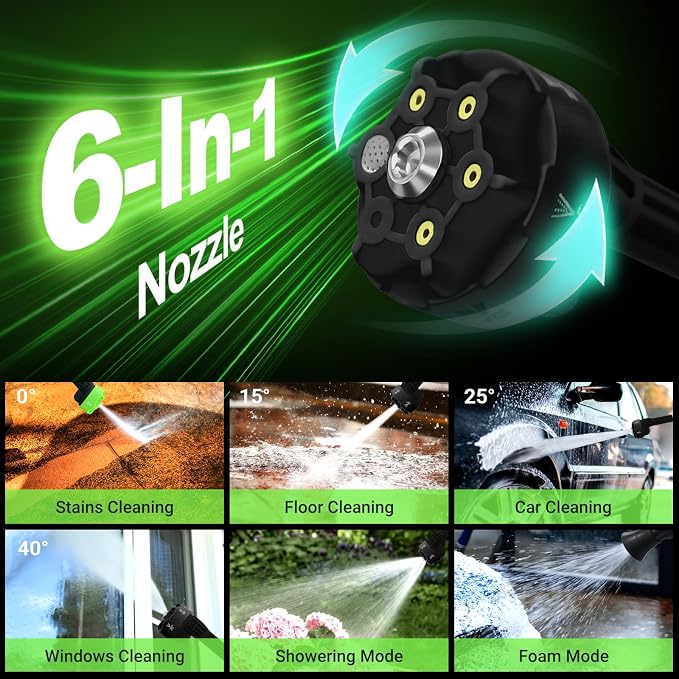 Cordless Washer, 9 Gear Brushless Washer for Car Washing, Patio, Fence, Driveway, Outdoor Cleaning， with 1 Battery, 6 in 1 Nozzle, 6 Meter Hose, Tap Adapter