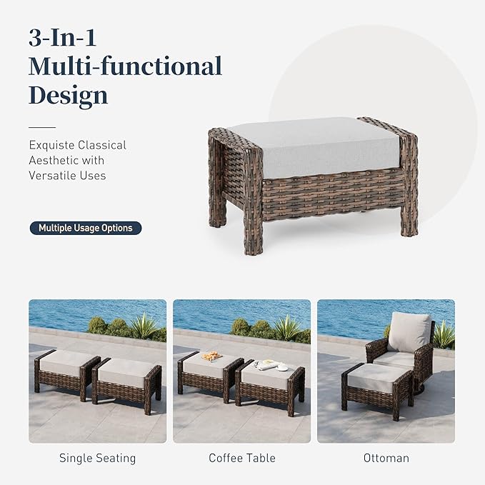 6 Piece Patio Furniture Set with Swivel Chairs, High Back Wicker Rattan Sofa with Extra Thick Cushion, Coffee Table and Ottoman, Outdoor Conversation Set for Backyard Deck, Grey