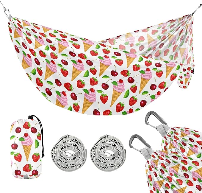 Camping Hammock Outdoor Hammocks for Outside Strawberry Cone Cherry Beach Trees Portable Lightweight with Pockets Tree Straps Indoor