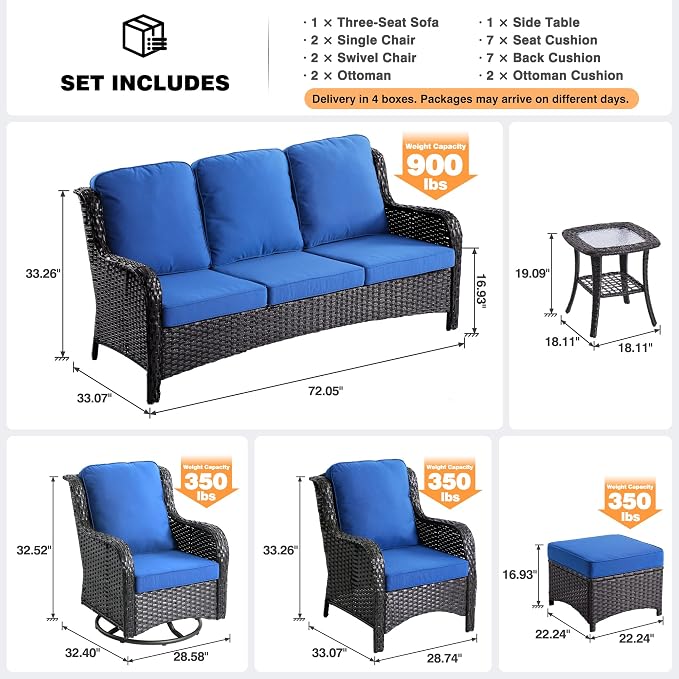 ovios 8 Pieces Patio Furniture Set with Swivel Rocking Chairs, Outdoor Wicker Sofa Couch Comfy Cushions, All Weather High Back Modern Conversation Set, Brown Rattan, Navy Blue