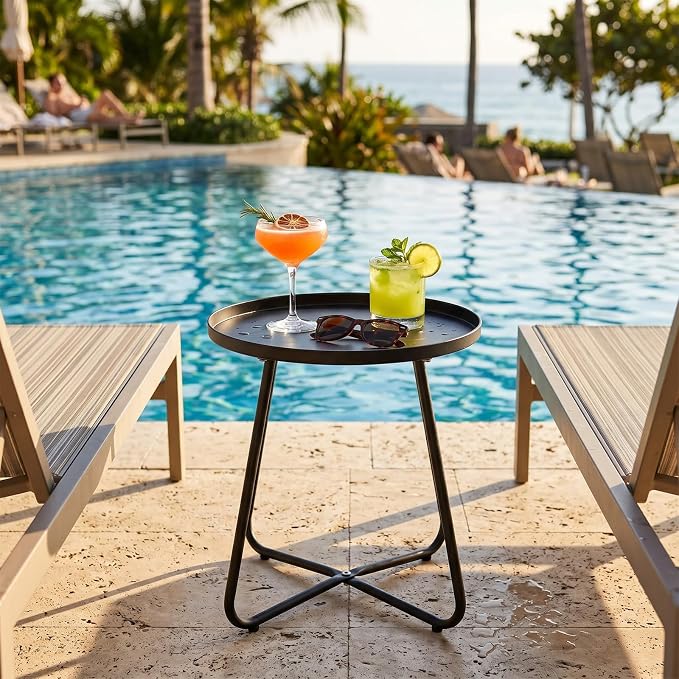 LITA Outdoor Side Table Metal Steel Weather Resistant Round End Table for Patio Balcony Living Room, Small Lightweight Weatherproof Accent Table,Black,Modern