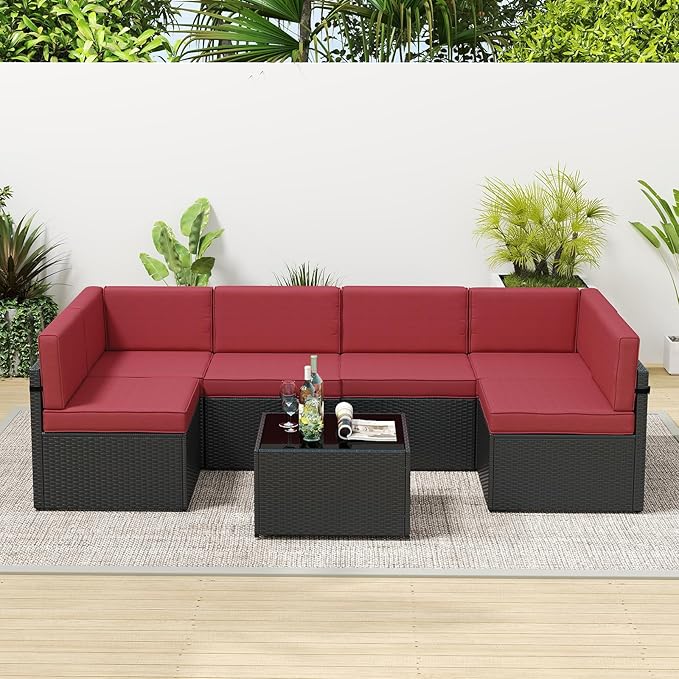 7-Piece Outdoor Patio Furniture Set, Patio Conversation Set, Patio Sectional Sofa Set with Coffee Table & Cushion for Backyard, Balcony, Garden, No-Slip, PE Wicker, Wine Red/Brown
