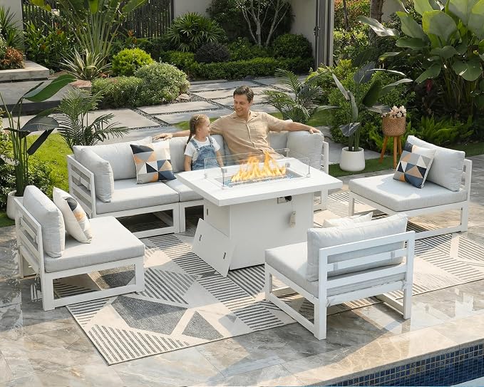 BULEXYARD 6 Person Large Modern Aluminum Outdoor Patio Furniture Set with Fireplace, 29" Wide Deep Seating, U Shaped Combo Sectional Couch, Water Resistant Conversation Set for Backyard Terrace, White
