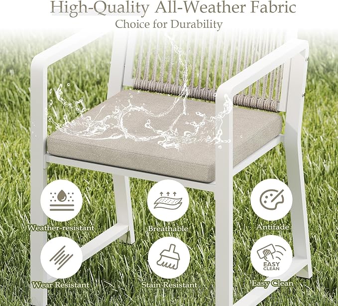 Outdoor Patio Wicker Rattan Dining Chairs, Heavy-Duty Wrought Iron Frame Supports 400lbs, Ergonomic Backrest, Detachable Breathable Cushion, for Garden & Porch, White, Set of 2
