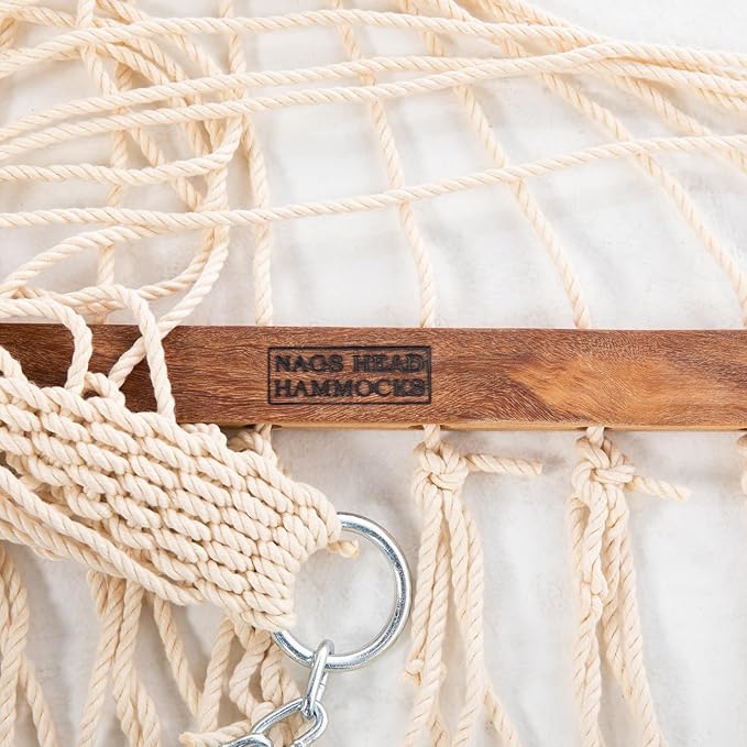Nags Head Hammocks First Mate Oatmeal DuraCord Rope Hammock – 12 ft. x 50 in., 450 lb Capacity, Cumaru Spreader Bar, Galvanized Hardware, Handcrafted in USA, Free Chains & Tree Hooks