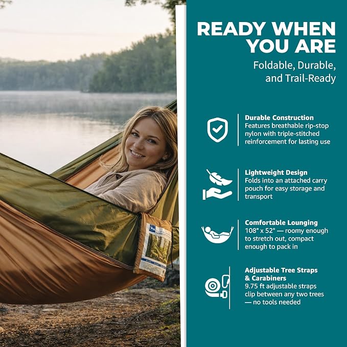 Bliss Hammocks BH-406ST-FG Hammock in a Bag w/ Carabiners + Tree Straps, 52-in. Wide, Weather Resistant, 300 Lb. Capacity (Forest Green)
