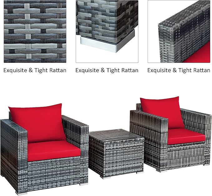 DORTALA 3 Pieces Patio Furniture Set, Outdoor Rattan Sofa Couch Set with Cushions, Tempered Glass Coffee Table, Wicker Patio Conversation Set for Lawn Backyard Poolside Balcony, Red