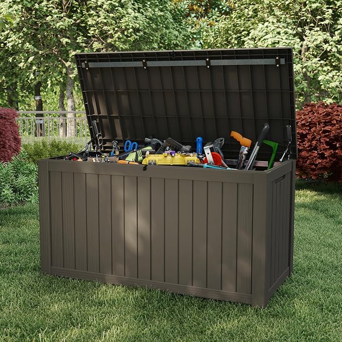 Pepe Tee 150 Gallon Waterproof Resin Deck Box, Outdoor Storage Bin for Patio Furniture Cushions, All-Weather Garden Organizer & Seating Bench, Coffee
