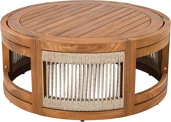 Christopher Knight Home Nesbit 4 Pieces Conversation Set, Acacia Wood Chat Set, Woven Rope Loveseat and Accent Chairs, Slat Panel Coffee Table, Patio Furniture Set for Backyard Balcony Garden, Gray