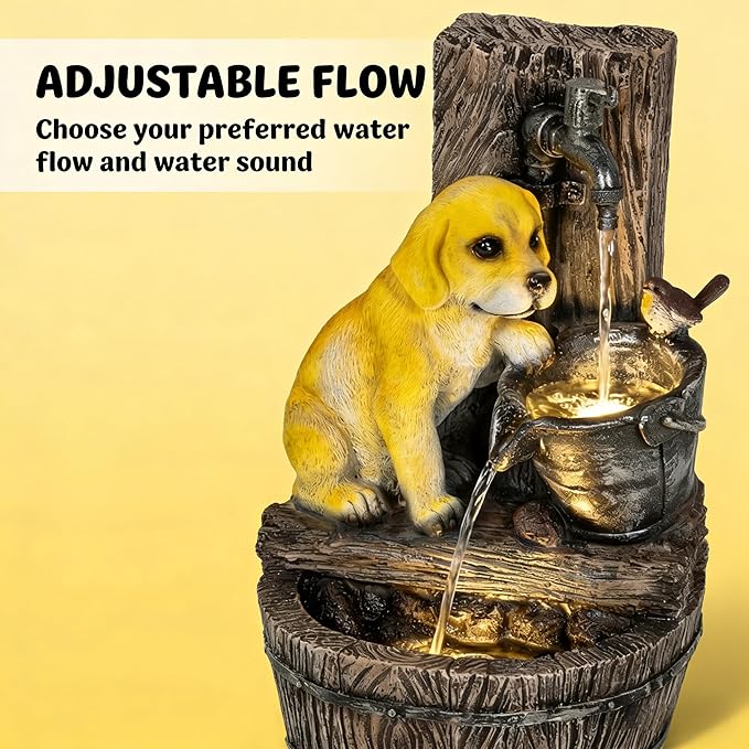 Outdoor Garden Water Fountain Solar Powered, Rustic Puppy Sculpture Fountain with LED Light, Weather-Resistant Resin Bird Bath for Yard Patio Decor, Unique Gift Idea for Dog Lovers
