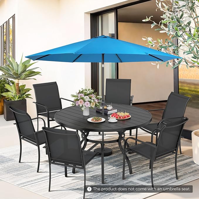 Incbruce 8 PCS Patio Dining Set with Sky Blue Umbrella, Outdoor Dining Set of 6 Textilene Chairs and 53" Round Table with Umbrella Hole for Backyard, Garden, and Poolside (Black)