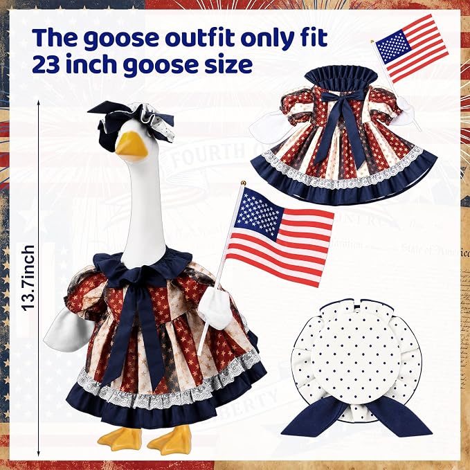 Outus Retro 4th of July Porch Goose Outfit Includes Independence Day Dresses Clothes Hat and American Flag 23 Inch Patriotic Goose Porch Clothing for 250th Anniversary Garden Yard Decoration
